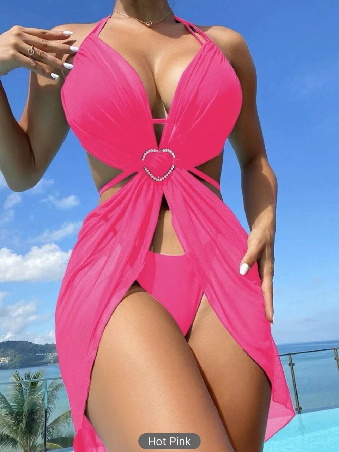 3pcs Halter Neck Bikini Beach Summer Solid Color Split Swimsuit Womens Clothing by GJG Denim