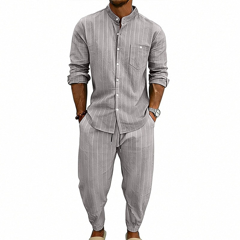 High-street Striped Henley Shirt Jogger Pants Set by GJG Denim