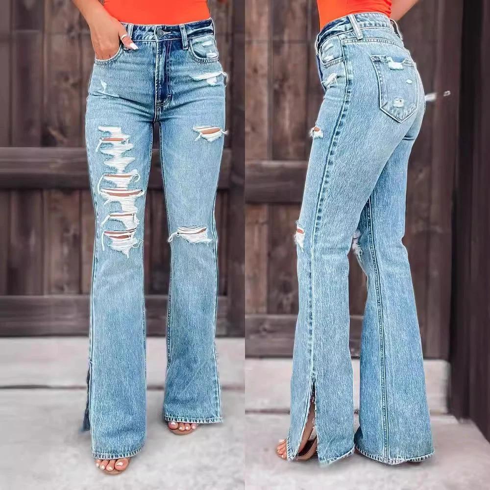 Ladies Jeans High Waist Ripped Slightly Stretch Split Trousers by GJG Denim