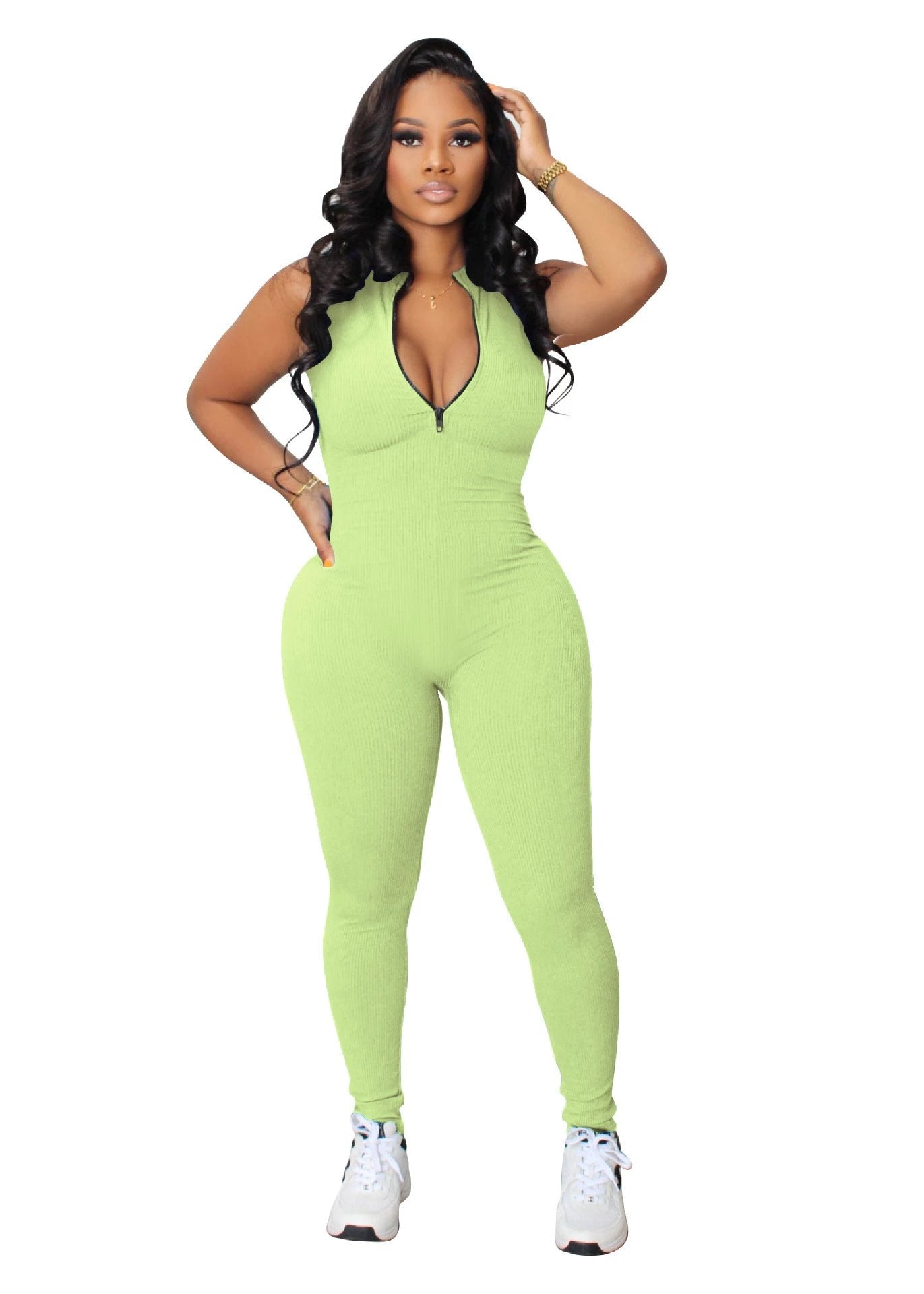 Women's Solid Color Stretch Small Sunken Stripe Zipper Jumpsuit by GJG Denim