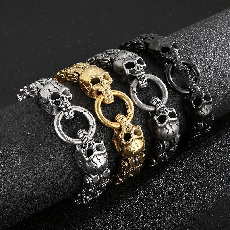 Chain-Patterned Skull Titanium Steel Mens Bracelet by GJG Denim