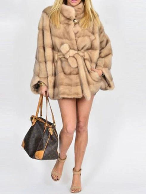 Solid Faux Fur Jacket Stand Collar Loose Belt by GJG Denim