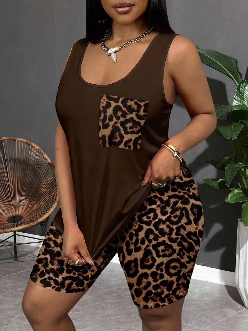 Leopard-print Halterneck Vest Top And Shorts Set by GJG Denim
