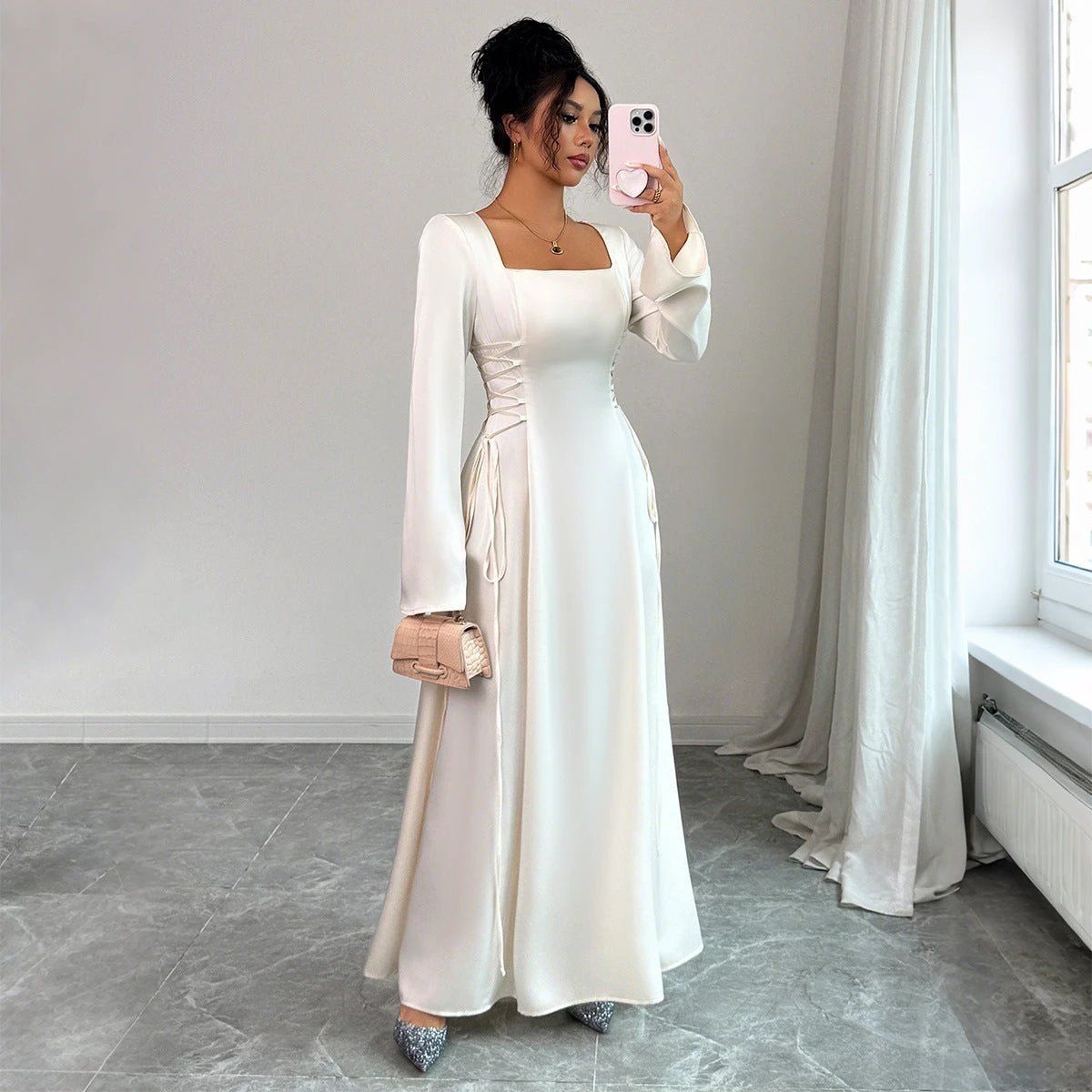 Elegant Solid Color Long Sleeve Dress Women's Clothing by GJG Denim
