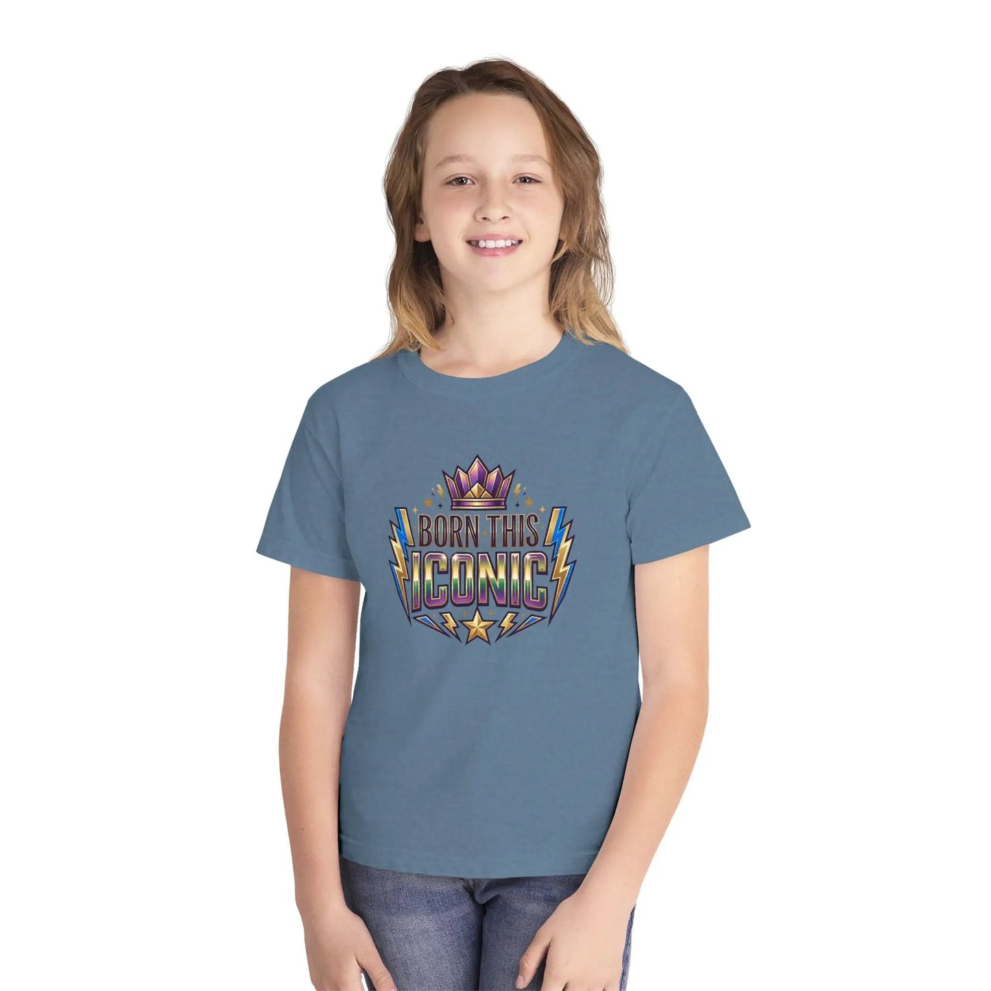 Youth Tee — "Born This Iconic" Crown Graphic by Printify