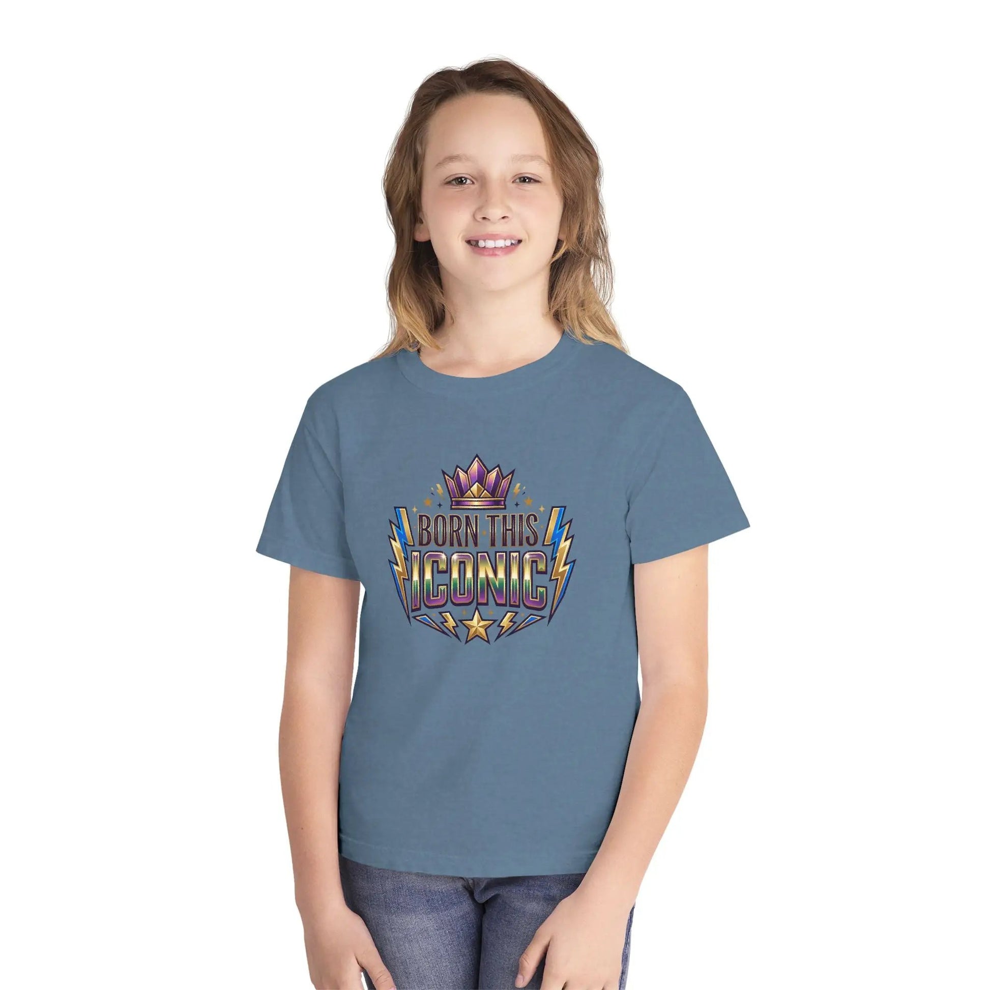 Youth Tee — "Born This Iconic" Crown Graphic by Printify
