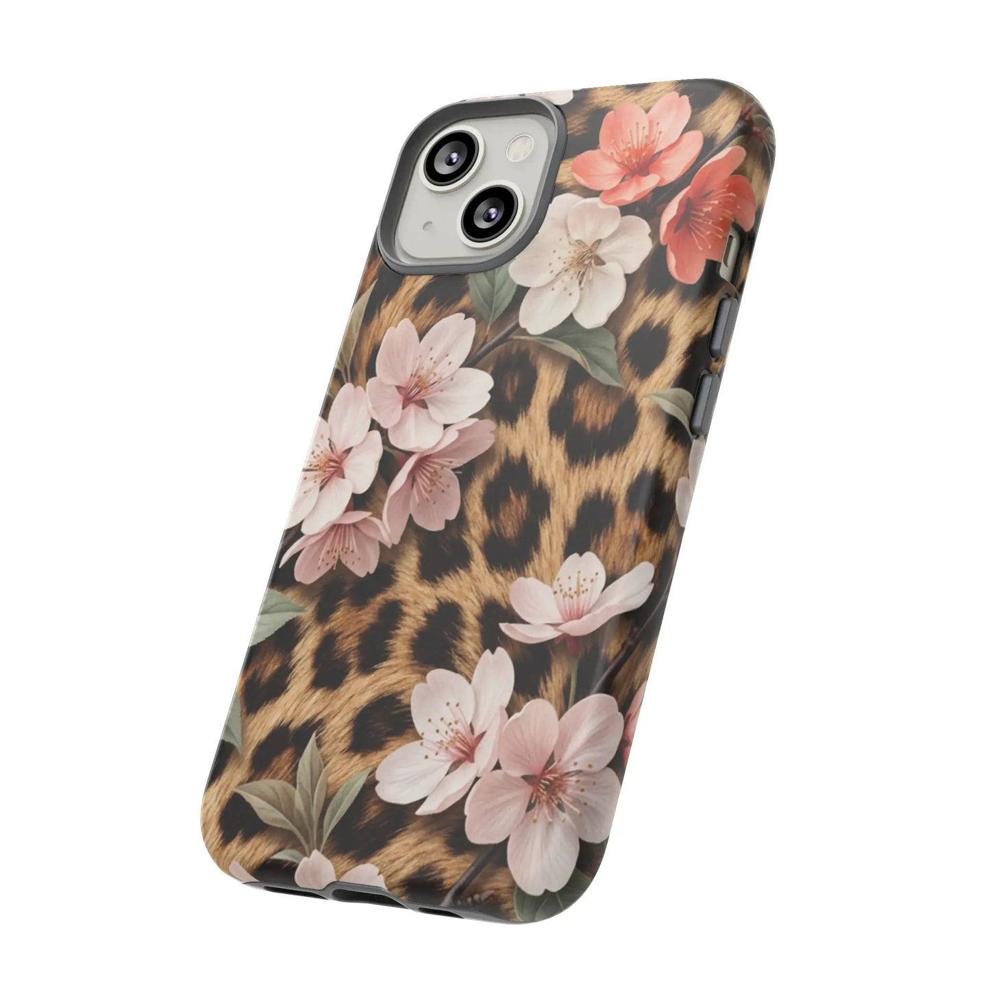 Leopard Floral Tough Case — Protective Phone Case with Pink Cherry Blossoms by Printify