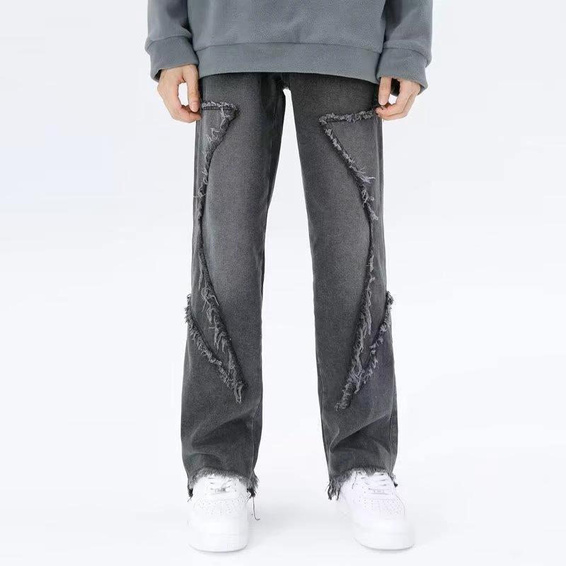 Raw Hem Jeans Men's American High Street Straight-leg Pants by GJG Denim