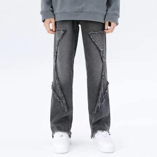 Raw Hem Jeans Men's American High Street Straight-leg Pants by GJG Denim