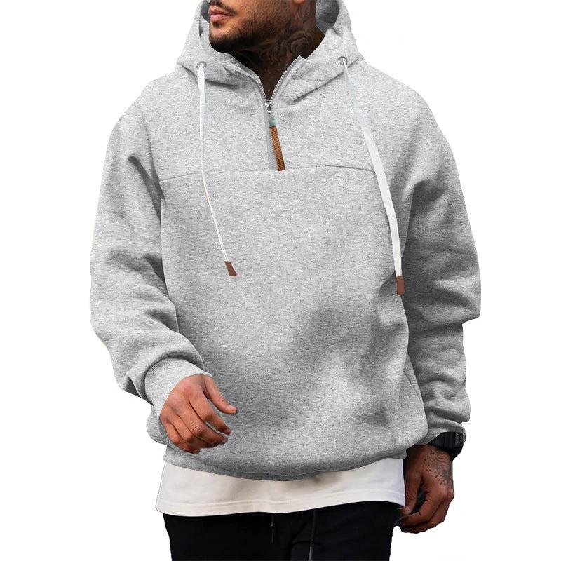 Men's Heavy Fleece-lined Half-zip Sporty Casual Hooded Sweatshirt by GJG Denim