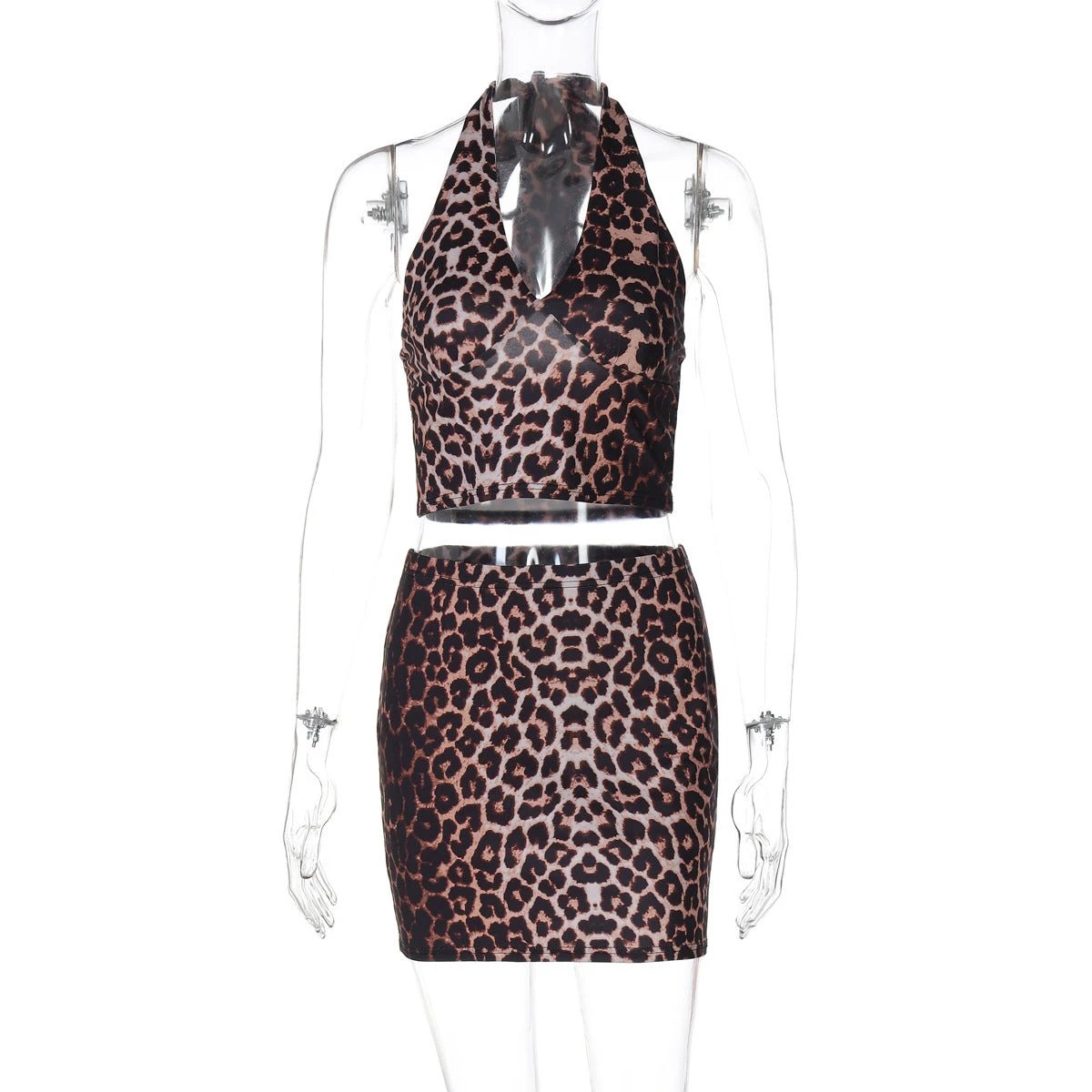 Leopard Print Printed Sexy Hanging Collar Vest Sheath Skirt Suit by GJG Denim