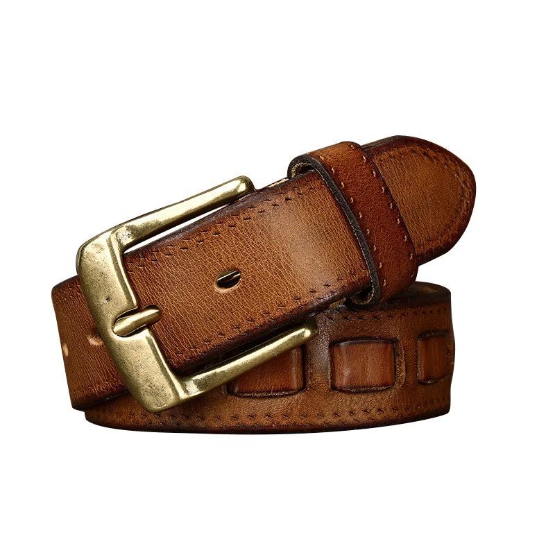 Retro Genuine Leather With Brass Buckle Belt For Men by GJG Denim
