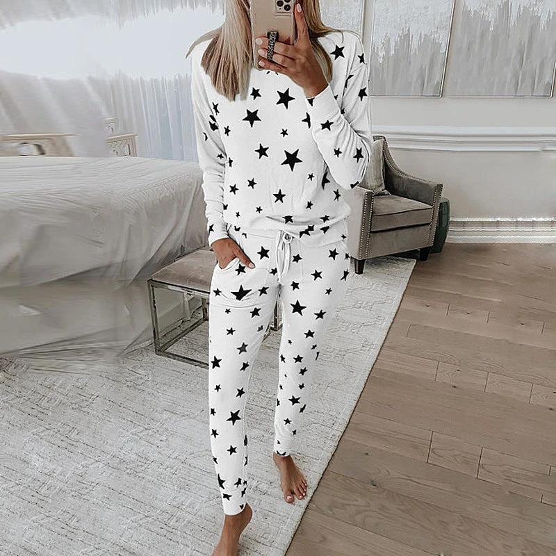 Printed Long-Sleeved Casual Home Service Suit Pajamas Women by GJG Denim