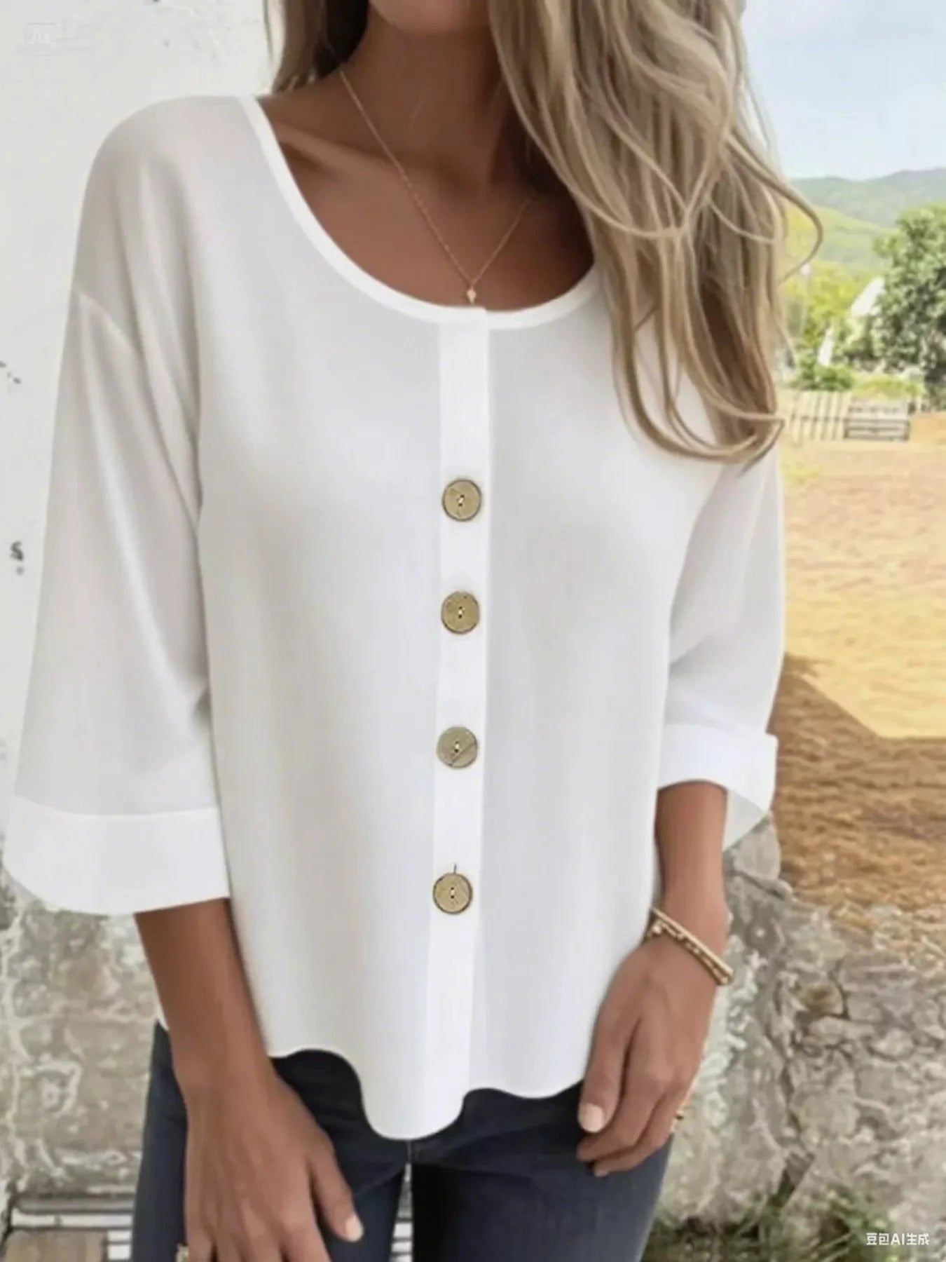 Full Size Button-Front 3/4 Sleeve Casual Blouse Plus Size by Lady Ros