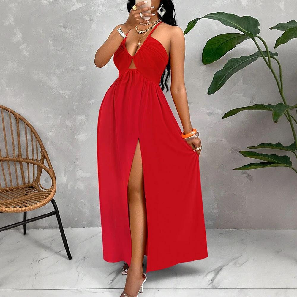 Deep V-neck Drawstring Halter Dress by GJG Denim