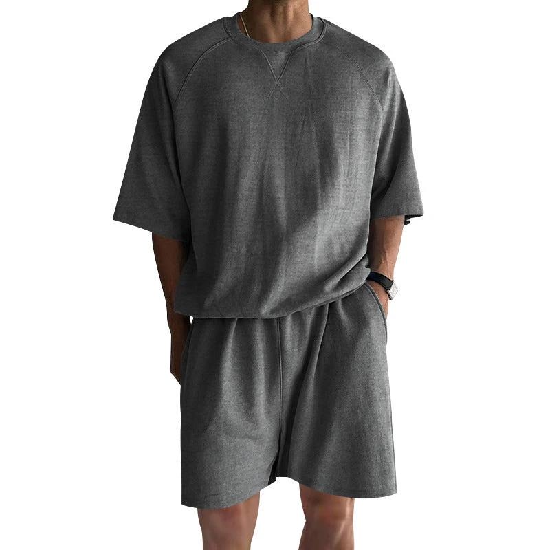 Men's Terry Casual Round Neck Sports Shorts Short Sleeve Two-piece Set by GJG Denim