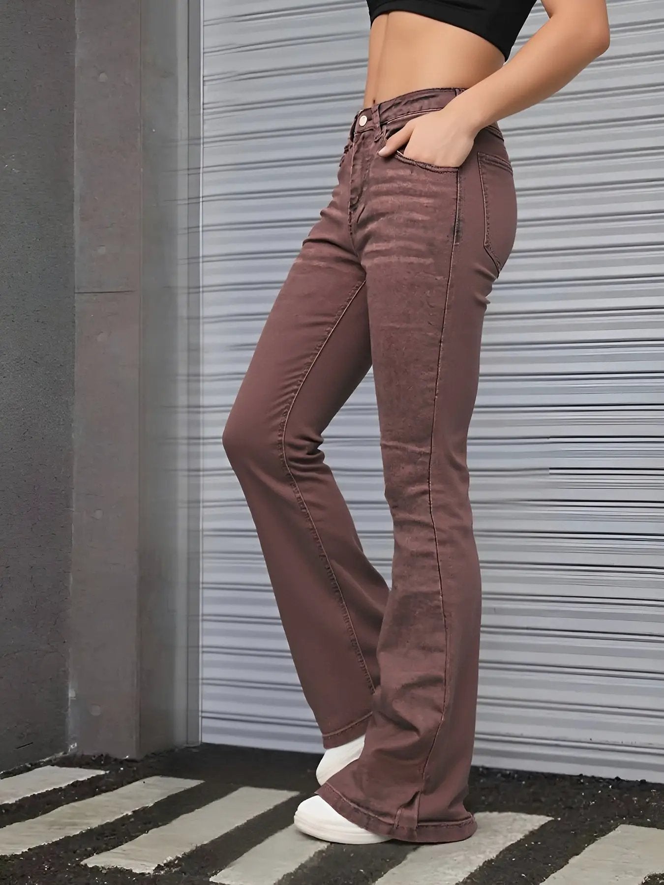 Women's Brown High Rise Flare Jeans, Washed Stretchy Bell Bottom Denim Pants by GJG Denim