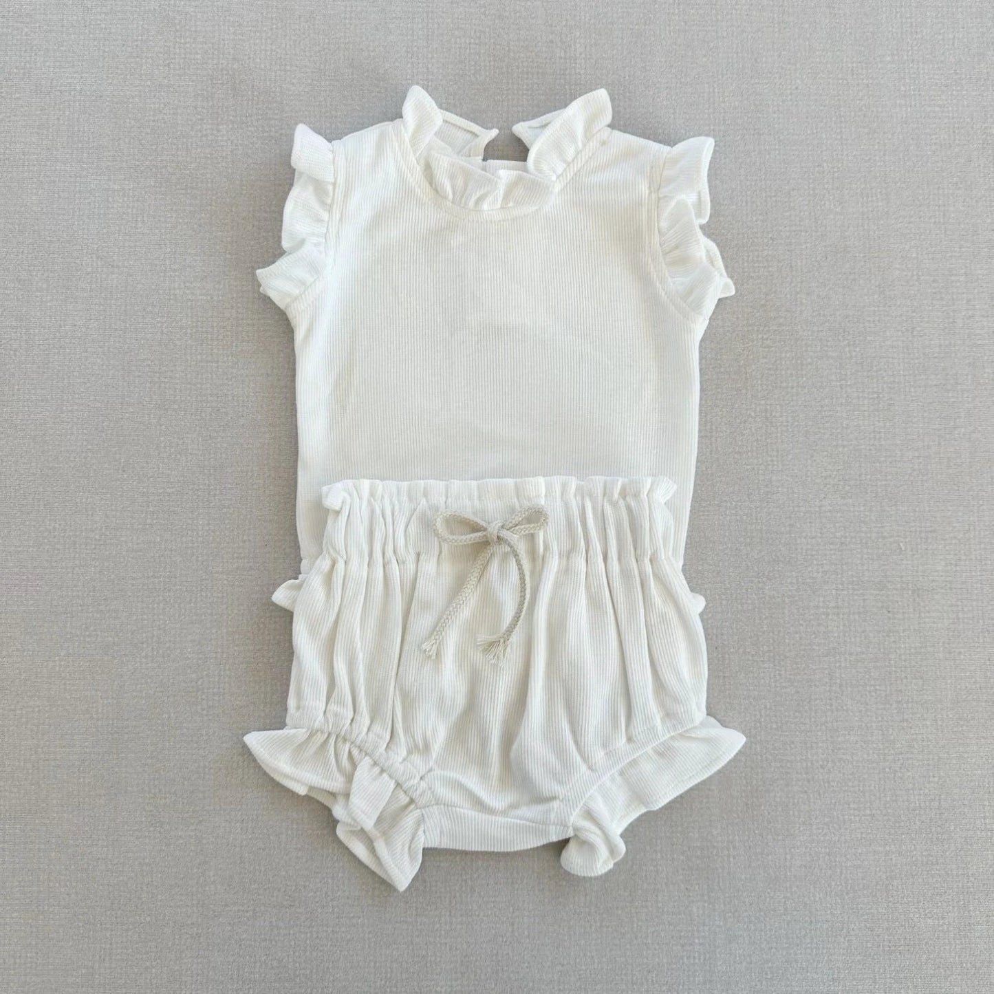 Rib Cotton Short Sleeve Wooden Ear Rompers Jumpsuit by GJG Denim