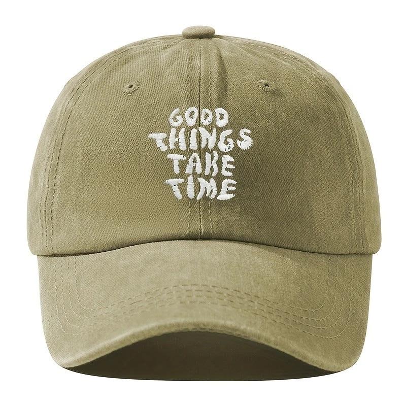 Men's "Good Things Take Time" Washed-out Vintage Baseball Cap Adjustable by GJG Denim