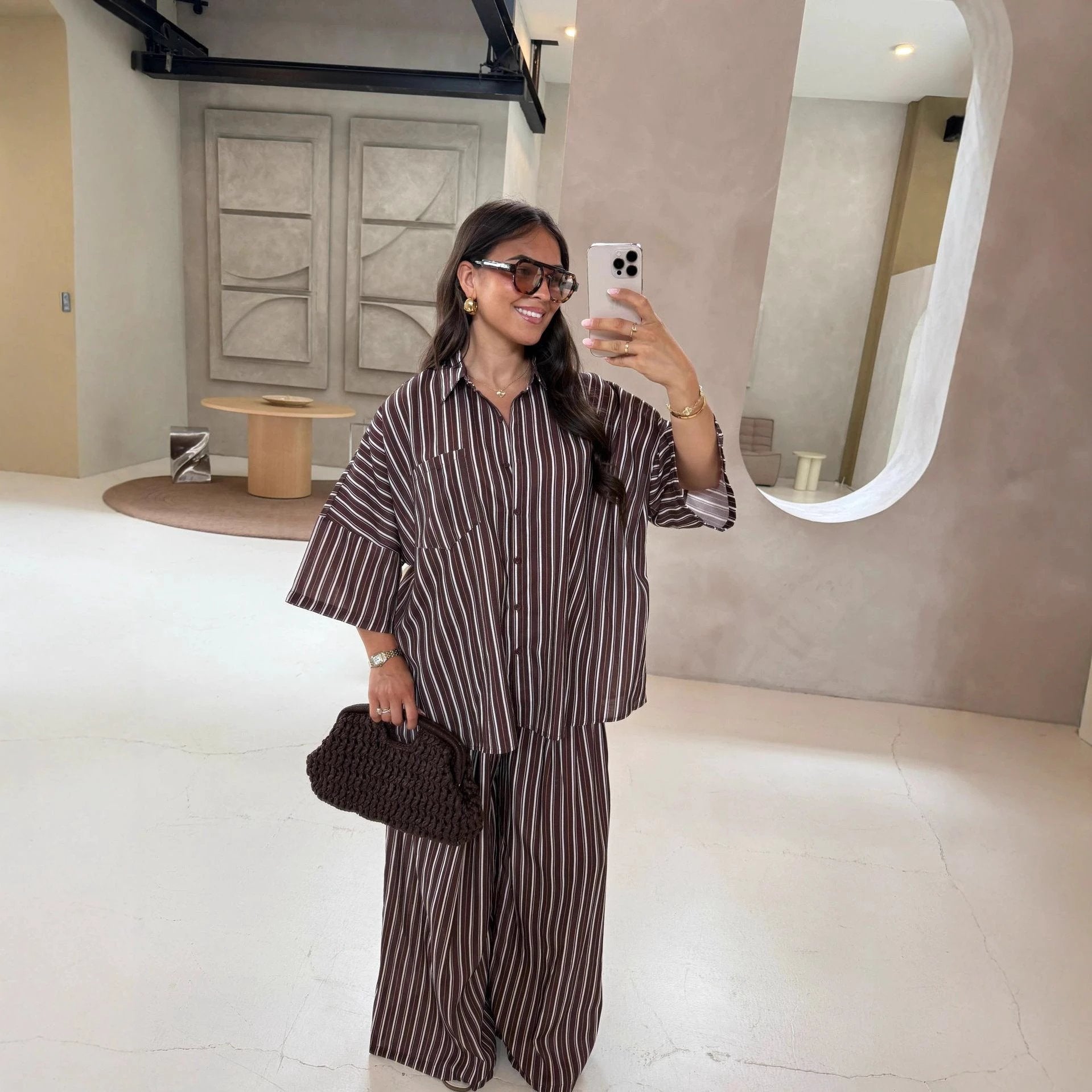 Casual Striped Shirt Wide Leg Pants Suit by GJG Denim