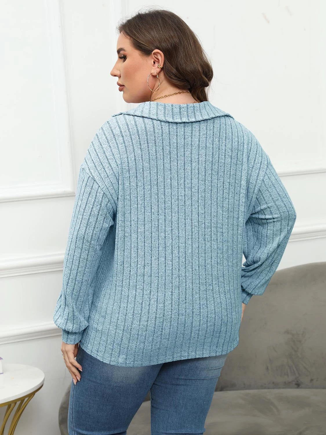 Plus Size Ribbed Collared Neck Long Sleeve Blouse by Lady Ros