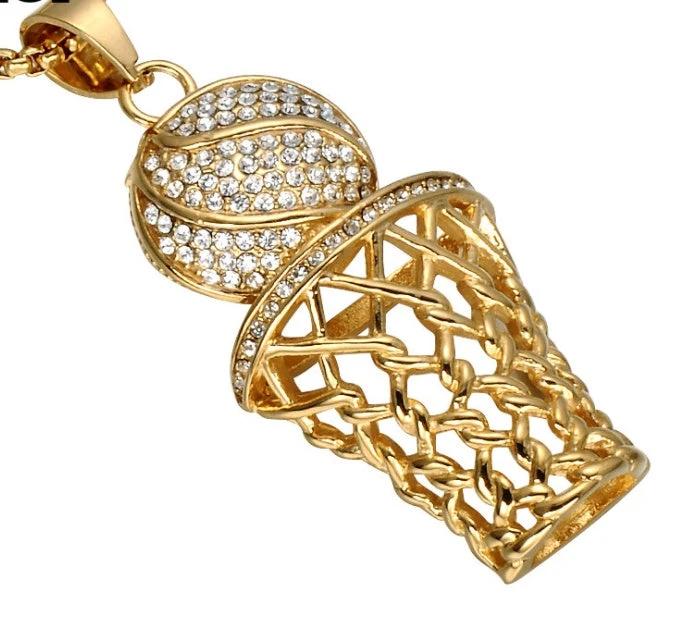 HIP Hop Bling Iced Out Gold Full Rhinestone Basketball Pendants Necklaces 316L Stainless Steel Sports Necklace for Men Jewelry by GJG Denim