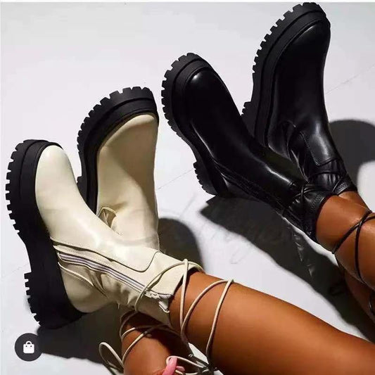Platform Lace-up Middle Boots Plus Size Platform Heel Ankle Boots by GJG Denim