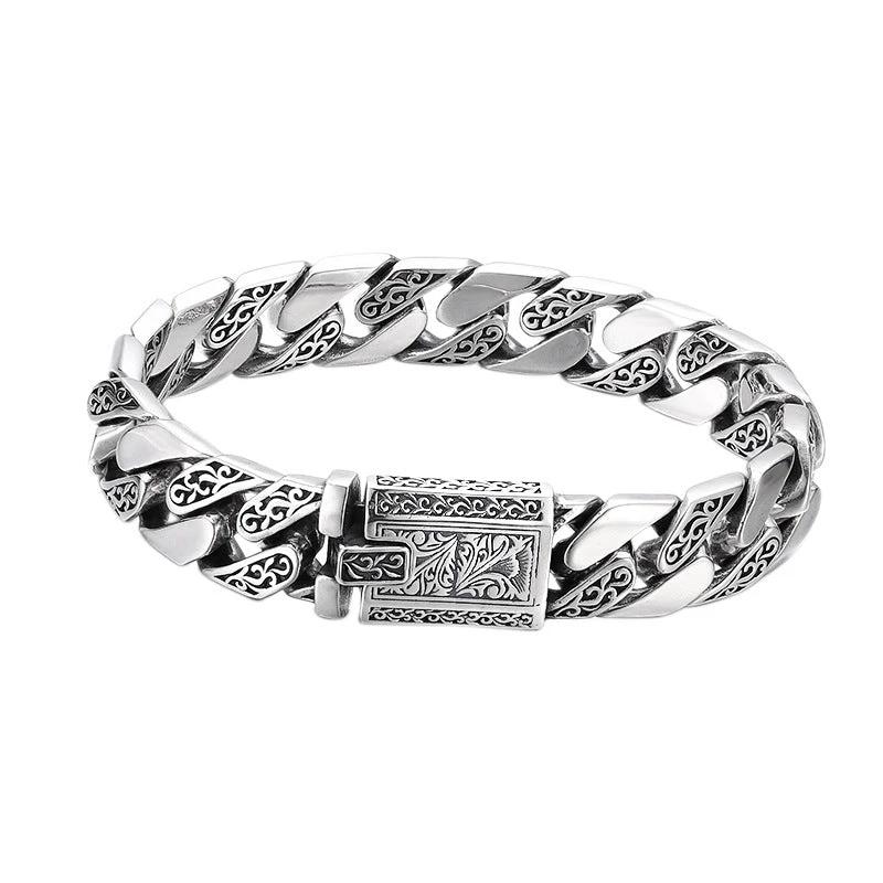 Men's 925 Sterling Silver Tangcao Pattern Cuban Bracelet by GJG Denim
