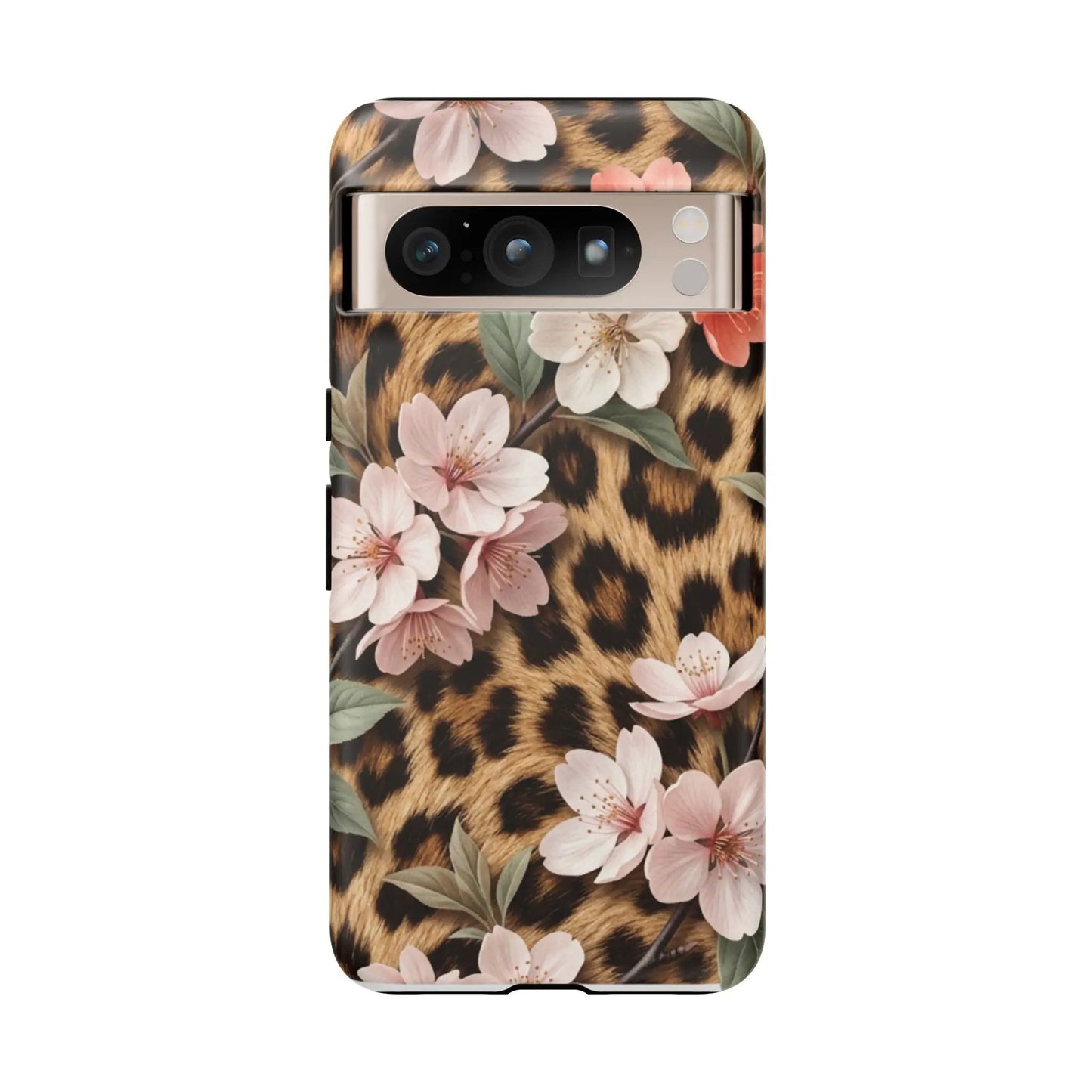 Leopard Floral Tough Case — Protective Phone Case with Pink Cherry Blossoms by Printify