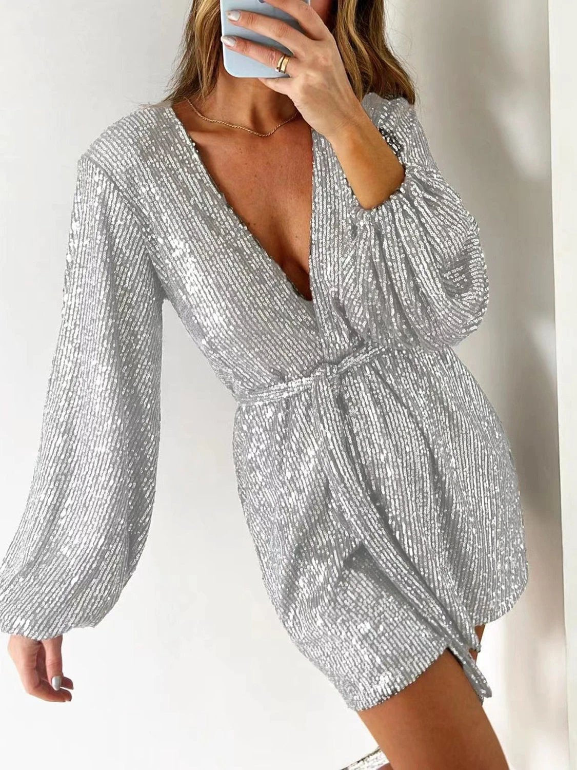 Full Size Sequin Surplice Tie Waist Long Sleeve Romper by Lady Ros