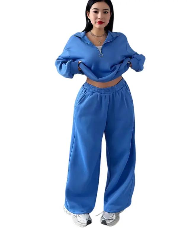Casual Womens Fashion Half-Zip Pullover Hoodie And Pants Two-Piece Set by GJG Denim