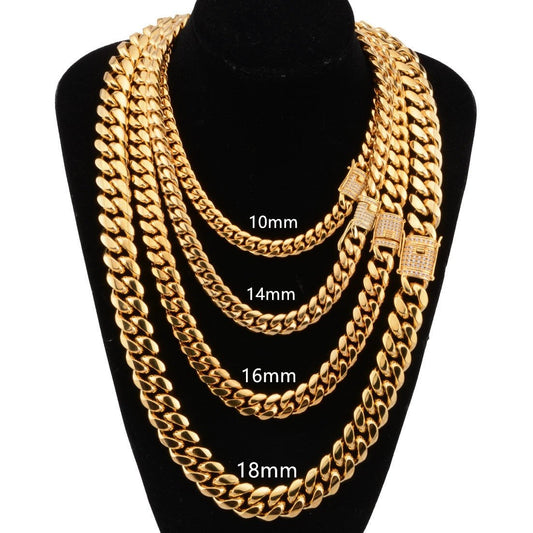 8-18mm Wide Stainless Steel Cuban Chain CZ Zircon Box Lock Necklace by GJG Denim