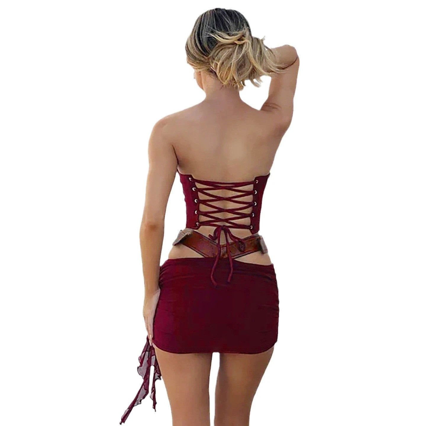 Lace-up Tube Top Leather Look Low Rise Hip Belted Skirt Set by GJG Denim