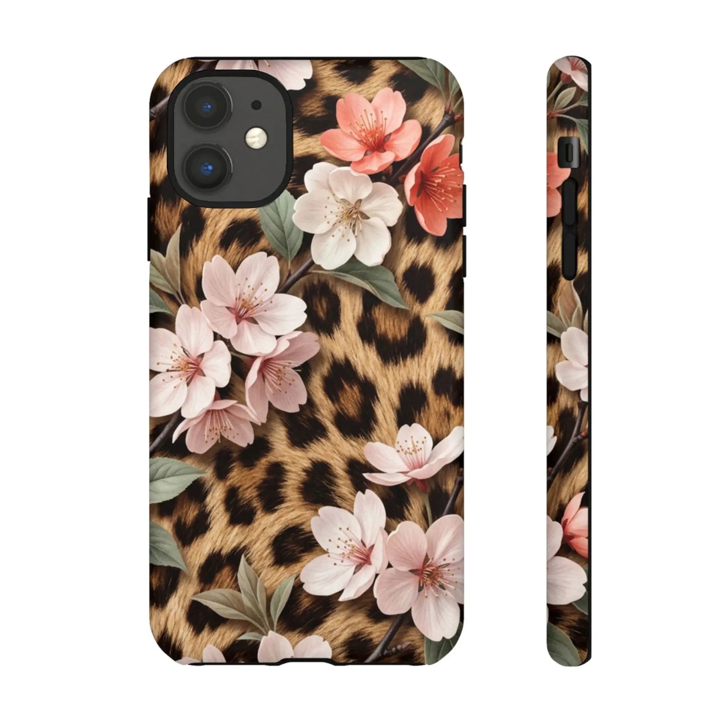 Leopard Floral Tough Case — Protective Phone Case with Pink Cherry Blossoms by Printify