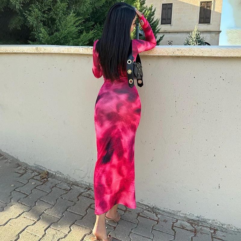Fashion Tie-dye Long-sleeved Dress Slim Fit Hip-hugging Long Dress Womens Clothing by GJG Denim