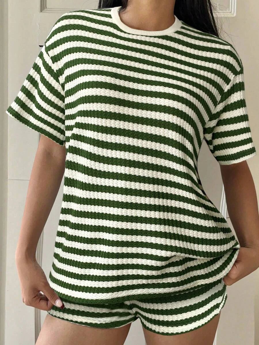 Striped Short-Sleeve T-Shirt Set Womens Fashion Summer by GJG Denim
