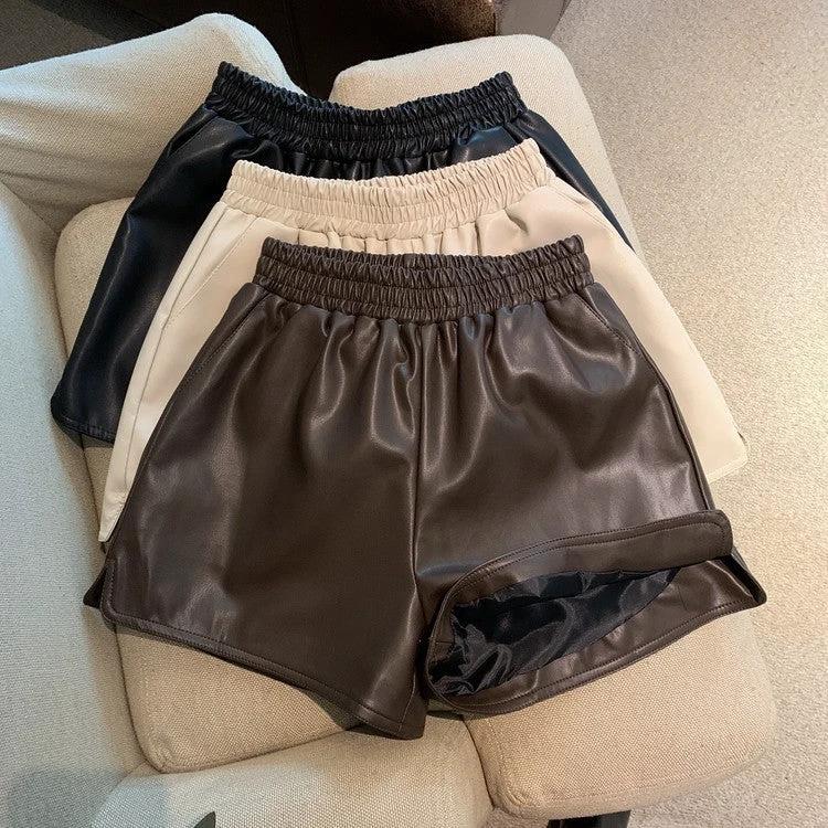 Pu Leather Shorts Women High Waist Loose Split Casual Pants by GJG Denim