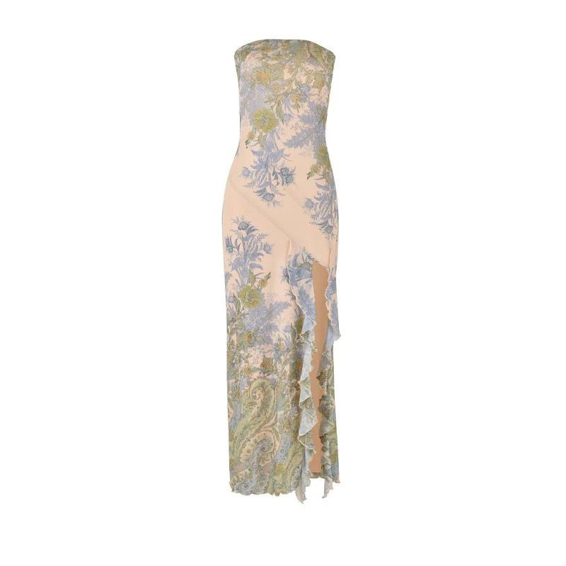 Printed Thigh Split Tube Top Dress by GJG Denim