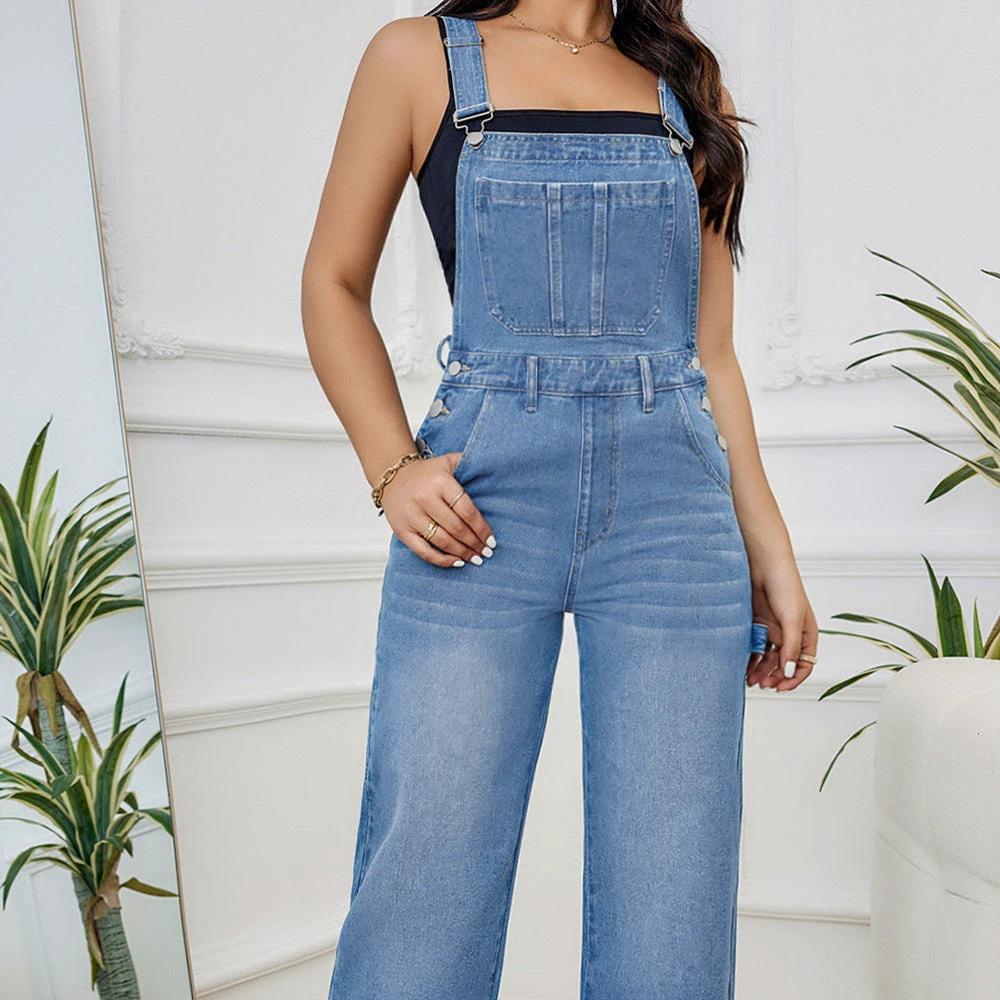 Women's Washed Denim Suspender Pants by GJG Denim