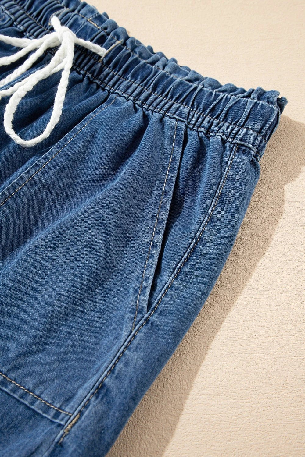 Raw Hem Drawstring High Waist Denim Shorts with Pockets by Lady Ros