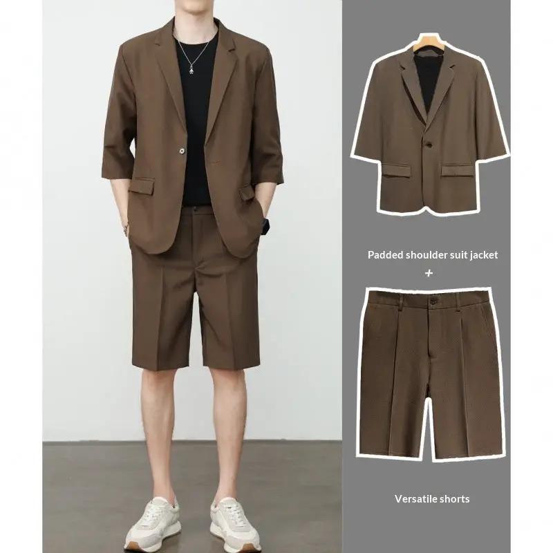 Thin Short-Sleeve Suit Mens Casual Cropped-Sleeve Jacket Half-Sleeve Suit Set by GJG Denim