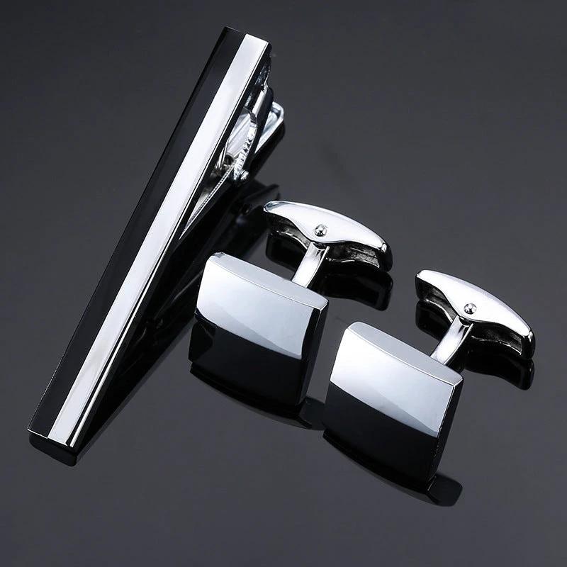 Gold Silver Black Square Brushed Tie Clip And Cufflinks by GJG Denim