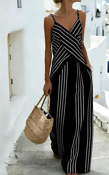 Striped Casual Womens V-Neck Sleeveless Set by GJG Denim