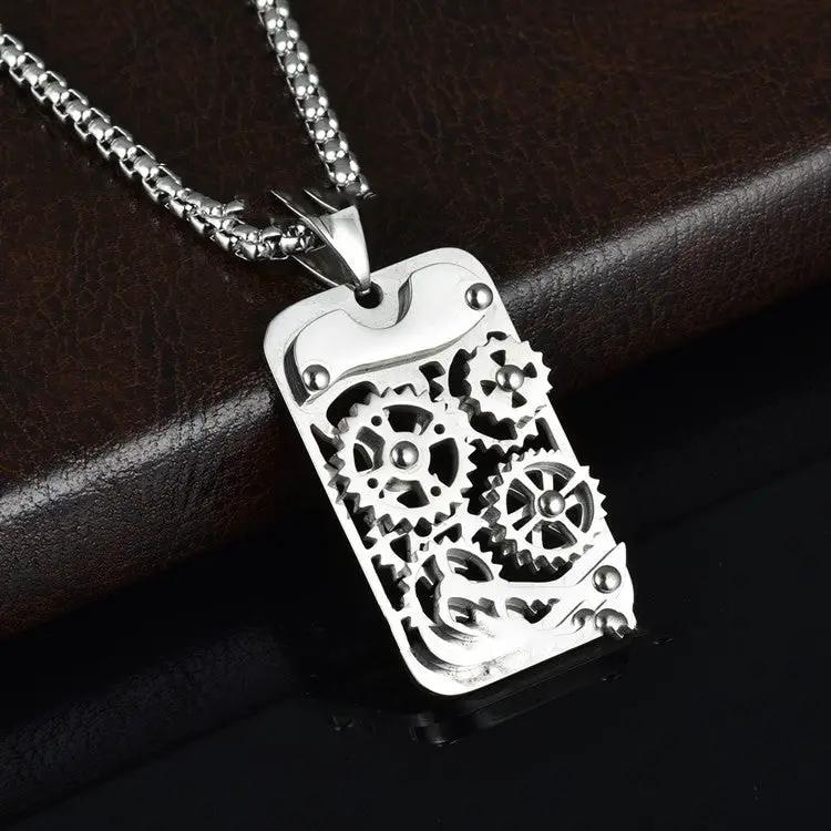 Men's Titanium Steel Transports Mechanical Gear Pendant Necklace by GJG Denim