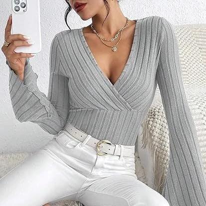 Women's Autumn And Winter Rib Sunken Stripe V-neck Flared Slim-fit Long Sleeve T-shirt Elegant Women's Top by GJG Denim