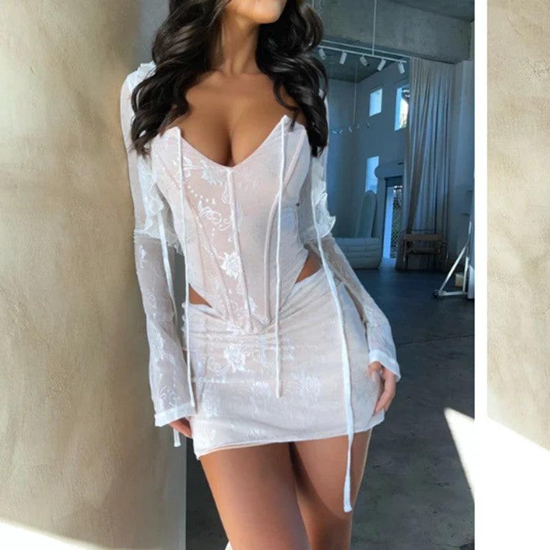 Lace Waist Top Hot Girl Style Sexy Slim-fit Cardigan Suit Women by GJG Denim