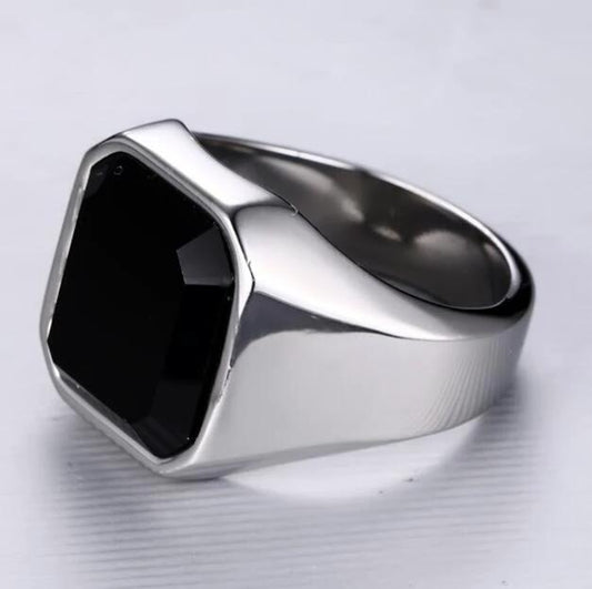 Men's Stainless Steel Black Agate Ring by GJG Denim