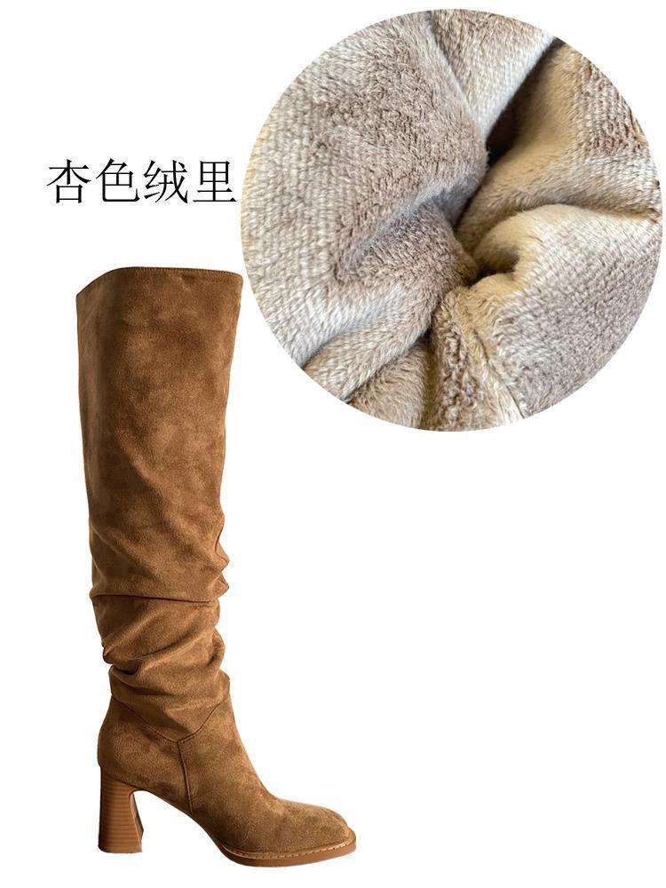 High Leg Boot High Heel Riding Boots Square Head Small Thick Leg Length by GJG Denim