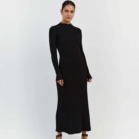 Long Sleeve Knitted Wooden Ear Turtleneck Waist-controlled Slim Fit Slimming Dress by GJG Denim