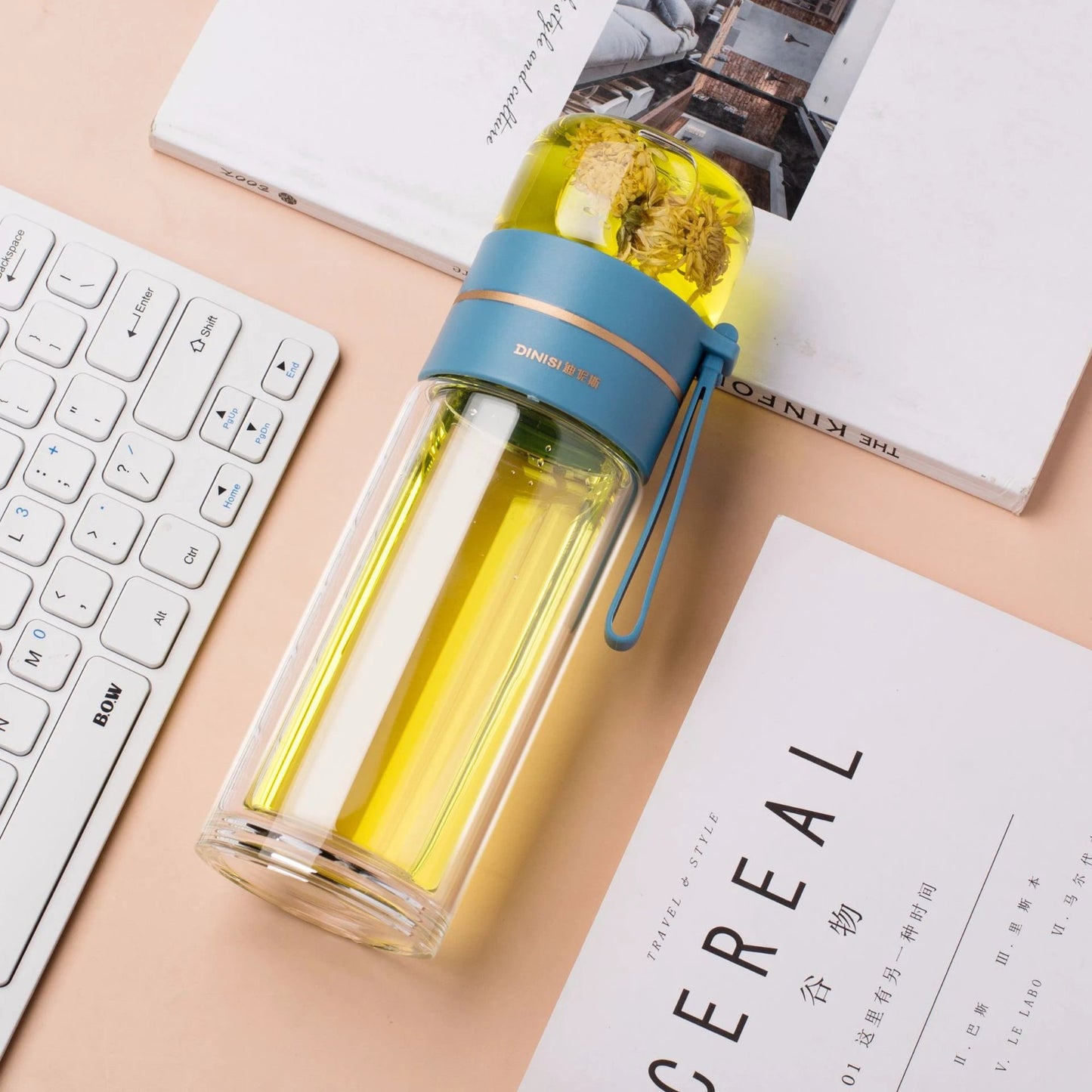Glass Water Bottle With Tea Infuser Filter Tea Separation Double Wall Glass Bottle Leakproof by GJG Denim